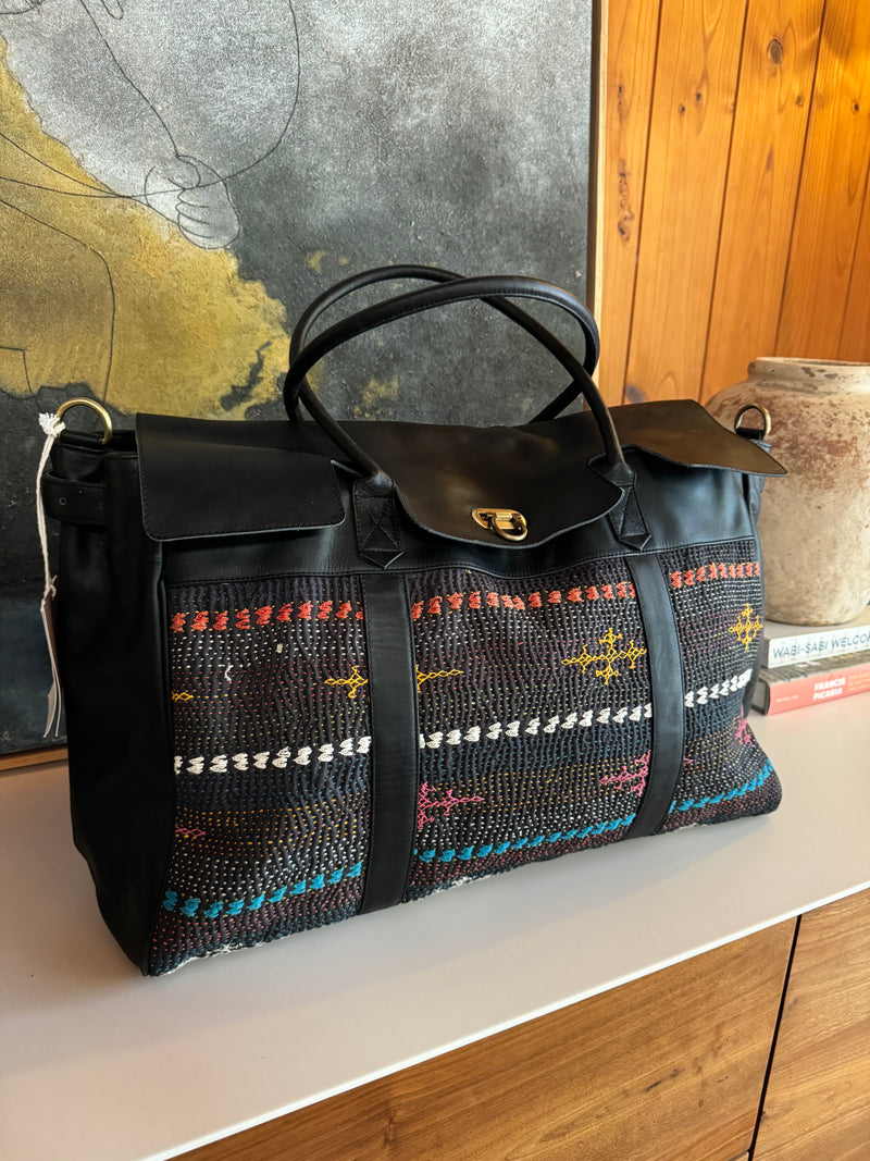 Black Leather Weekender Bag with Vintage Hand-Stitched Kantha Fabric