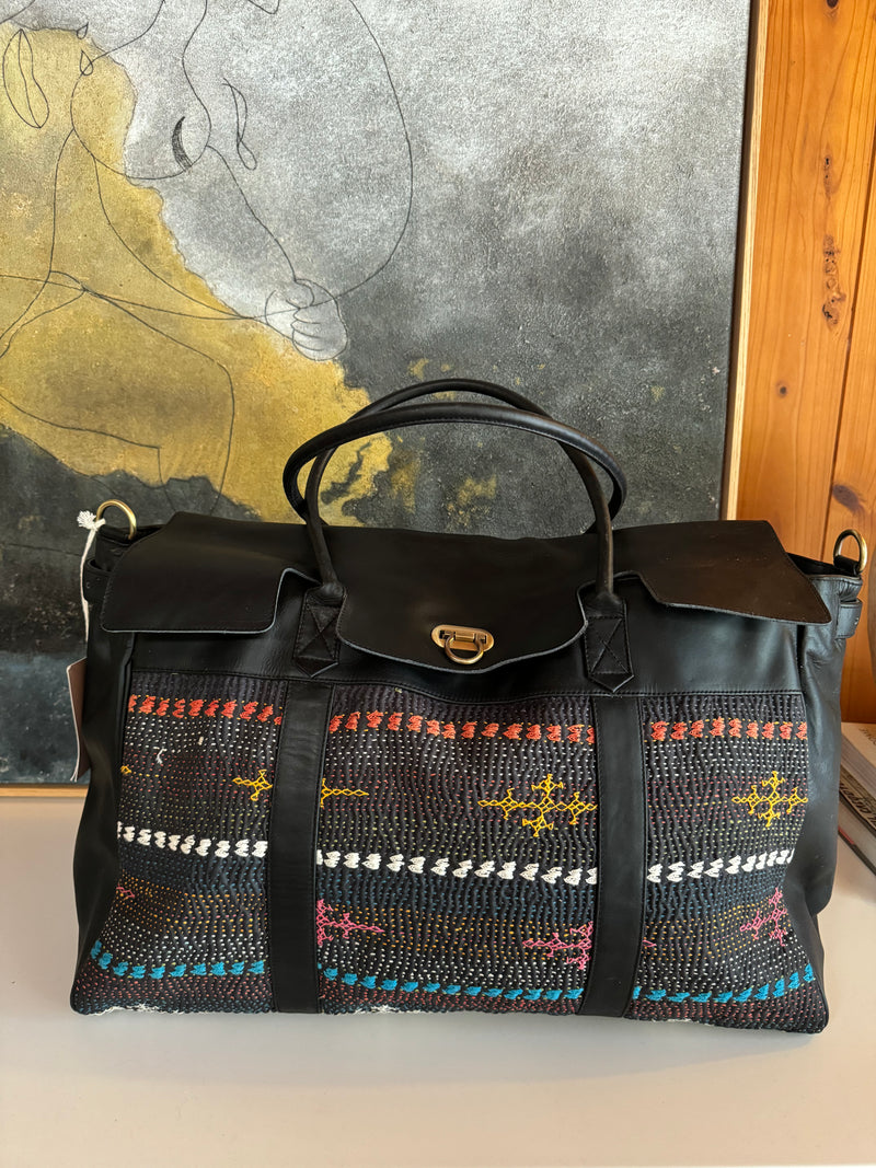 Black Leather Weekender Bag with Vintage Hand-Stitched Kantha Fabric