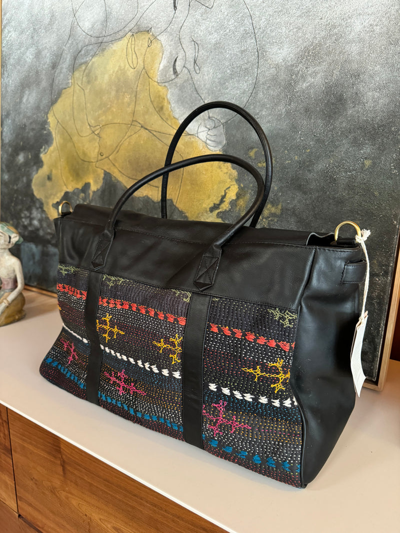 Black Leather Weekender Bag with Vintage Hand-Stitched Kantha Fabric